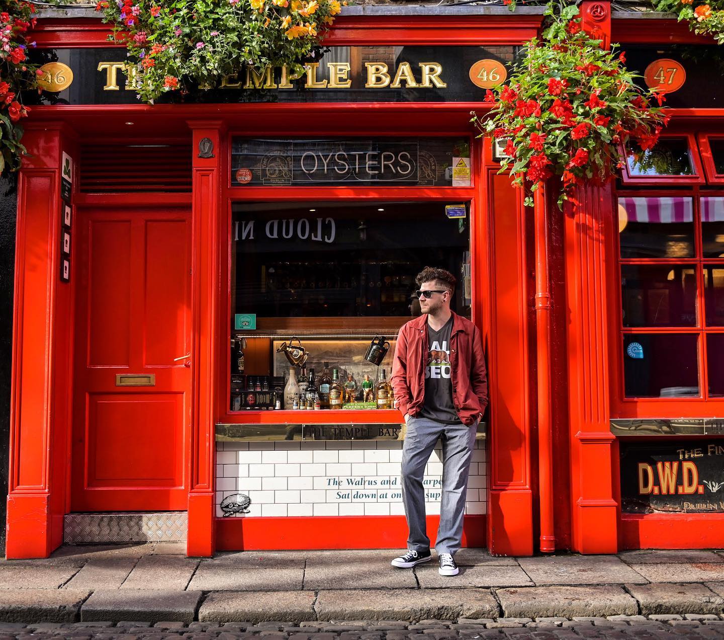 Cali BEO Mens T-shirt example worn at Temple Bar in Dublin Ireland. Model is Myk Klemme